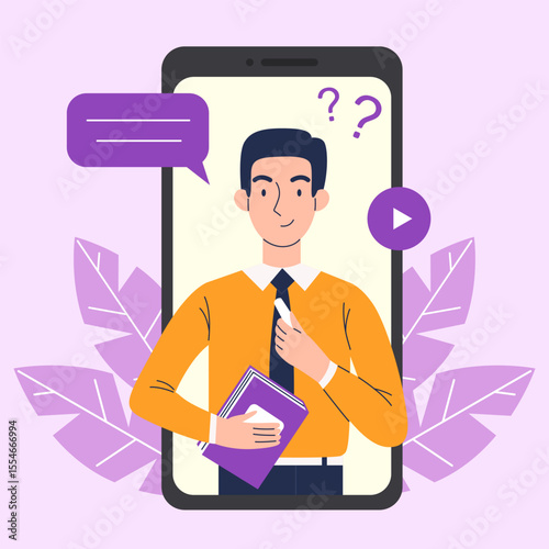 Online education on a smartphone. A man teacher conducts a lesson on a smartphone. Online learning concept. Vector illustration