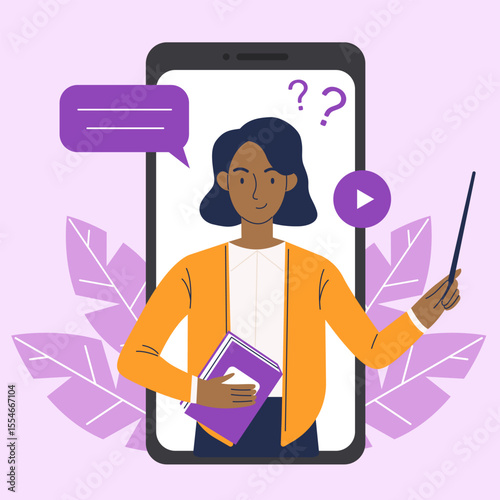 Online education on a smartphone. A black woman teacher conducts a lesson on a smartphone. Online learning concept. Vector illustration