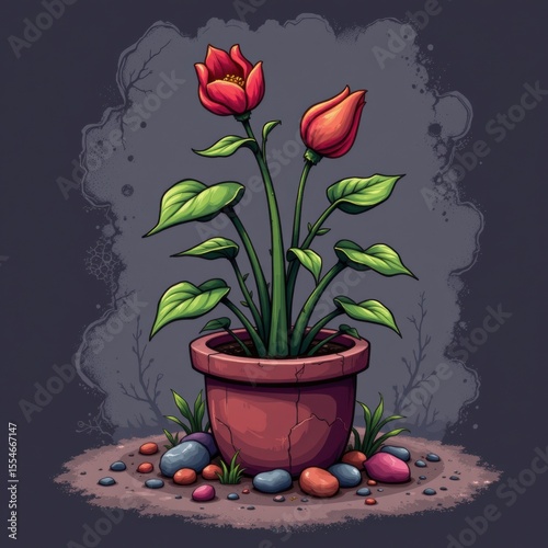 Pixel Art Illustration of Two Red Tulips in a Terracotta Pot