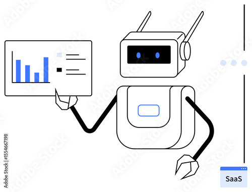 Robot holding a data dashboard with charts and graphs and analyzing results. Ideal for AI, data analytics, SaaS, robotics, automation, tech solutions, business intelligence. Clean flat simple