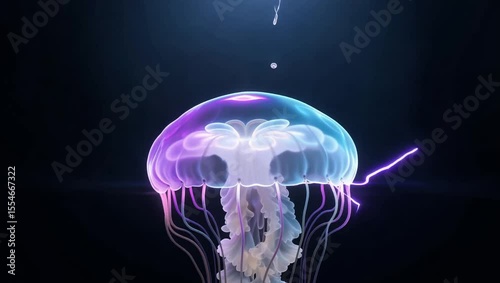 Neon Ink Droplet Rises Slowly From Black Void, Transforming Into Translucent Jellyfish Against a White Background