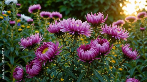 Vibrant purple aster flowers blooming in a lush garden under warm sunset light, showcasing natural beauty and autumn floral elegance.


