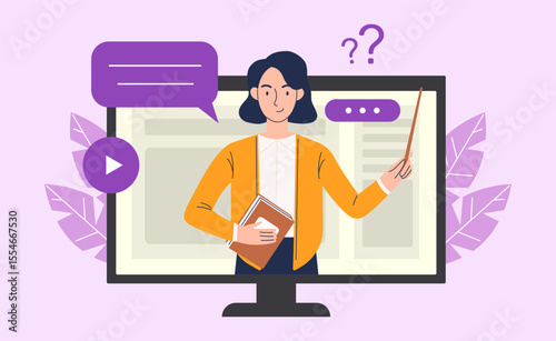 Online education on a computer. A woman teacher conducts a lesson on a computer. Online learning concept. Vector illustration
