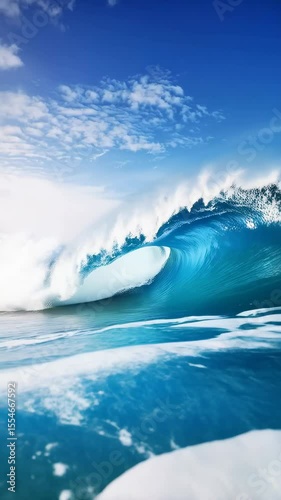 Large turquoise wave cresting under a clear sky with white clouds, creating an ocean seascape with blue water and sea spray