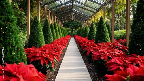 Festive pathway lined with red poinsettias and evergreen trees under a glass roof, creating a seasonal holiday atmosphere.