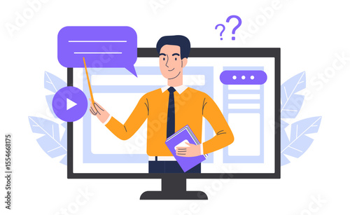 Online education on a computer. A man teacher conducts a lesson on a computer. Online learning concept. Vector illustration