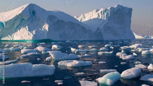 Majestic icy white glacier wall reflecting in calm blue water with floating ice chunks, symbolizing climate change, arctic nature, and glacial beauty.

