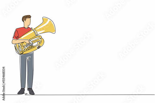 Single one line drawing man in casual clothes holding a tuba. Amazing performance. Finished practice. Ready for solo concert. Musician. National Tuba Day. Continuous line design graphic illustration