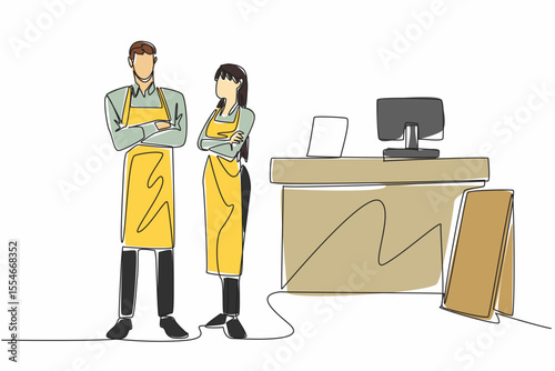 Single continuous line drawing a male and a female waiters wearing aprons standing side by side. Stand by near the cashier. Order and pay. School Lunch Hero Day. One line design vector illustration