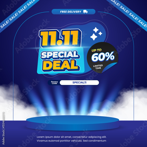 11.11 Special November Shopping day Sale discount deals Editable text effect Exclusive Dark Blue gradient with showcase stage Promotion banner template