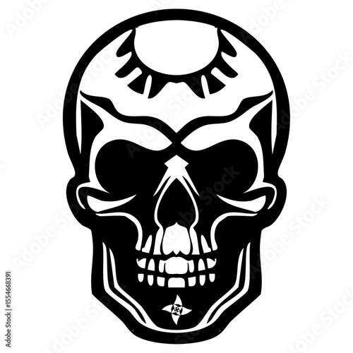 Black and white design featuring a skull silhouette.
