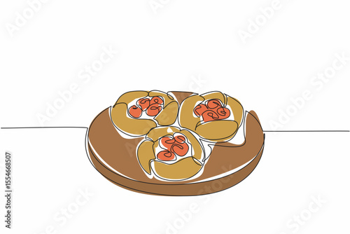 Single one line drawing 3 raspberry popovers on round wooden cutting board. Fresh from the oven. Sweet and sour refreshing. National Raspberry Popover Day. Continuous line design graphic illustration
