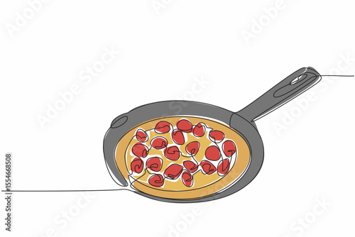 Single continuous line drawing raspberry popover with non stick pan container. High fiber dessert. Good for digestion. Homemade. National Raspberry Popover Day. One line design vector illustration