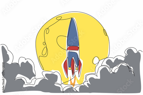 Single one line drawing rocket flies in the middle of moon. Purpose of the expedition. Exploring the mysteries of the ever dark moon. National Space Day. Continuous line design graphic illustration