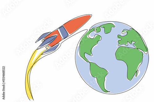 Continuous one line drawing rocket flying and beside it is a globe. Space expedition completed. Back to earth. Knowledge about the moon. National Space Day. Single line draw design vector illustration