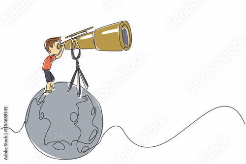 Single one line drawing boy looking through giant telescope at the moon. Studying the knowledge that exists in outer space. Scientist. National Space Day. Continuous line design graphic illustration
