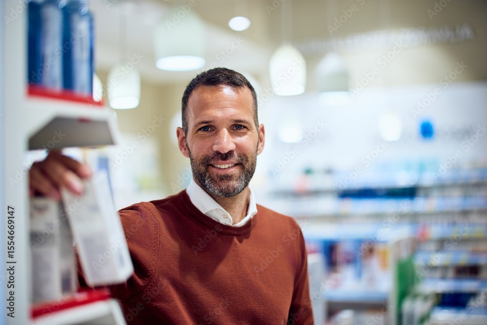 Fototapeta premium Smiling Man in Pharmacy with Shelf of Products in Focused Background