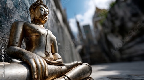 Golden Buddha statue in ancient temple setting