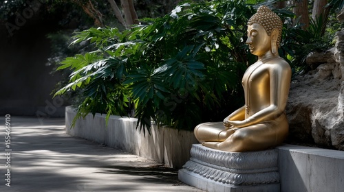 Golden Buddha statue in serene garden setting