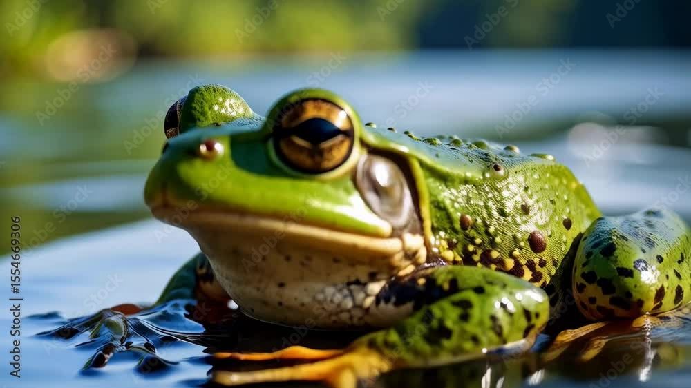 Green frog resting on a lily pad in a calm pond with golden eyes, and spotted skin, facing forward on a sunny day