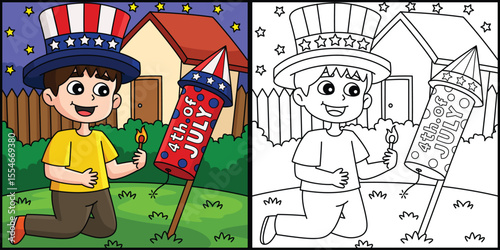 4th of July Kid Lighting Up Fireworks Illustration