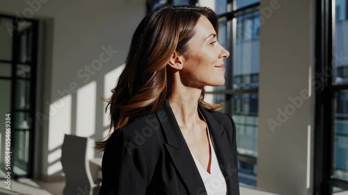 Brown-haired businesswoman with a thoughtful expression, looking out a bright window in a modern office, symbolizing contemplation and professional ambition.

