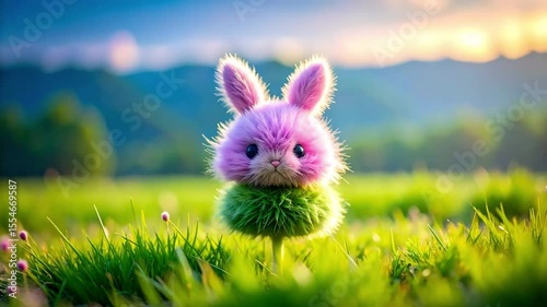 Pink fluffy rabbit on a green tuft amidst meadow grass