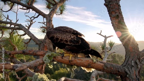 Golden Eagle Perches on a Weathered Spruce Branch at Sunrise With Detailed Talons and Feathers
