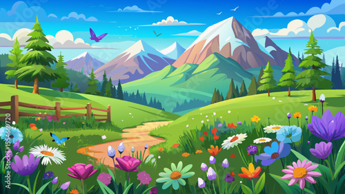 A lush green meadow stretches into the distance, dotted with vibrant wildflowers swaying in a gentle breeze. Butterflies float above lavender and daisies. In the background, snowy mountain peaks touch