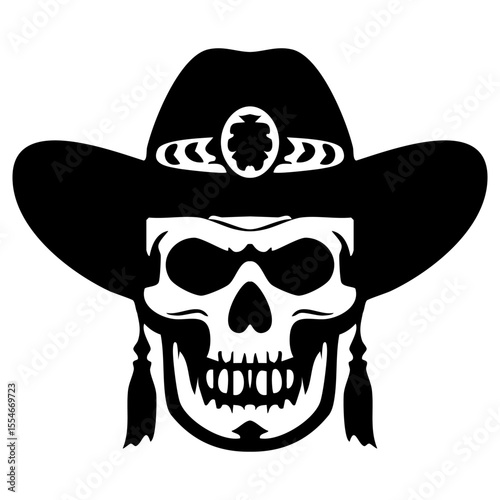 Skull silhouette wearing a cowboy hat, designed as a vector graphic.