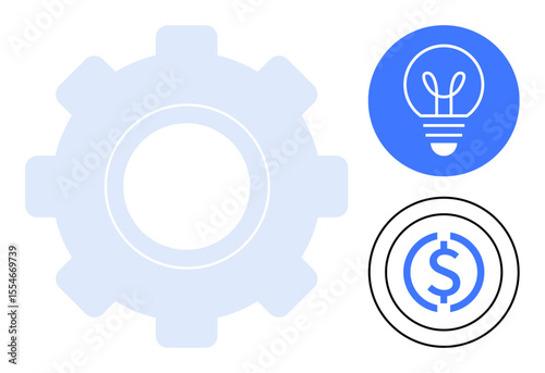 Large gear with blue lightbulb and black dollar sign in separate circular icons. Ideal for innovation, business process, technology, creativity, efficiency, economics, simple landing page