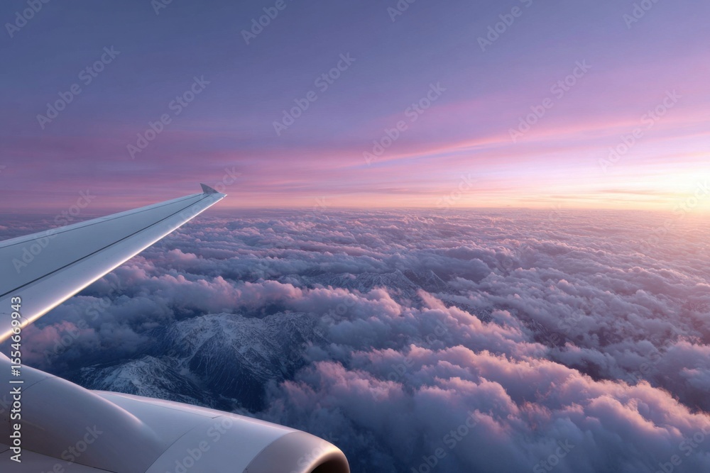 Obraz premium Airplane wing flying over snowy mountains at sunset