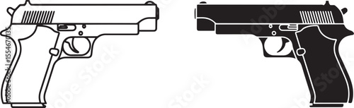 Pistol Handgun Silhouette and Outline Vector Graphic