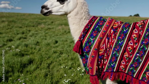 An adorable llama wearing a colorful traditional blanket, standing in a lush green field under a clear blue sky, showcasing unique animal charm and cultural heritage.

