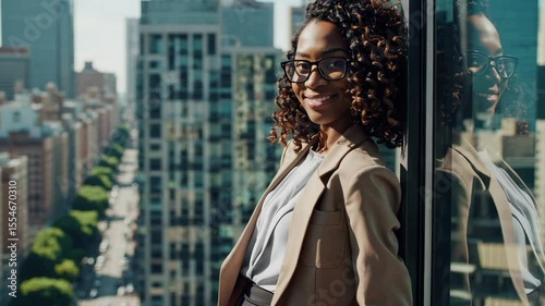 Happy African American businesswoman with glasses, smiling and leaning against a window, overlooking a modern city skyline and reflecting professional success.


