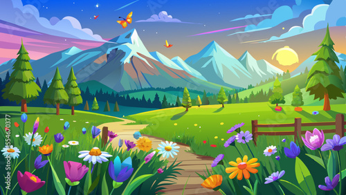 A lush green meadow stretches into the distance, dotted with vibrant wildflowers swaying in a gentle breeze. Butterflies float above lavender and daisies. In the background, snowy mountain peaks touch