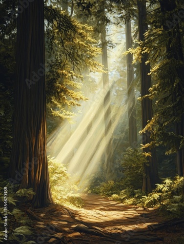 Sunlight streams through trees illuminating a path in a dense forest.