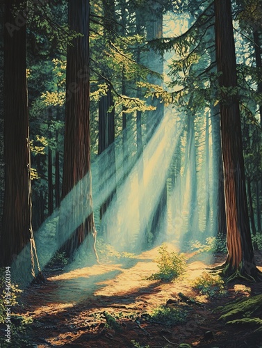 Sunlight streams through trees in a forest illuminating the ground.