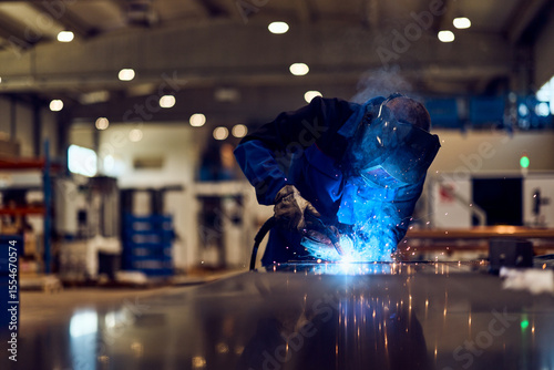 Metalworker Welding in an Industrial Workspace with Blue Sparks and Protective Gear