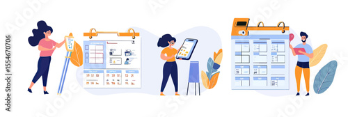 People filling tax forms using digital devices and paper calendars with financial planning elements and checklist in flat minimalist style vector illustration