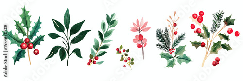 Set of watercolor Christmas plant elements including holly leaves with red berries, evergreen sprigs, eucalyptus branches, and festive floral components in minimalist vector style