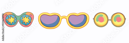 Set of three colorful groovy retro sunglasses with psychedelic patterns 1970s style flat minimalist vector illustration of hippie eyeglasses