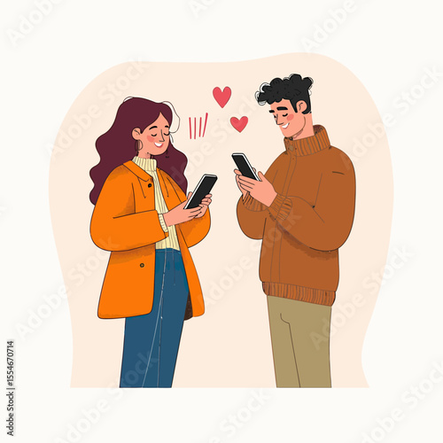 Young Man and Woman Exchanging Love Messages on Smartphones Smiling Casual Winter Clothing Flat Minimalist Vector Illustration for Online Dating and Relationship Concept