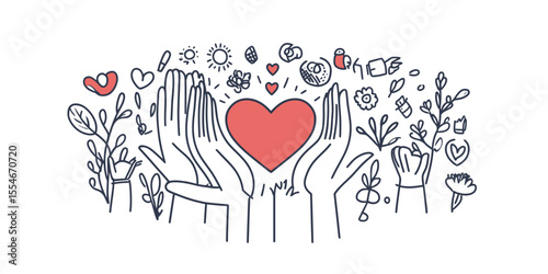 Hands holding heart and surrounded by plants and hearts doodle line art illustration representing care community love support and charity concept in flat minimalist style vector