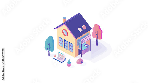 Isometric online education concept with laptop, house shaped as learning center, digital screen and trees, flat minimalist vector illustration on white background