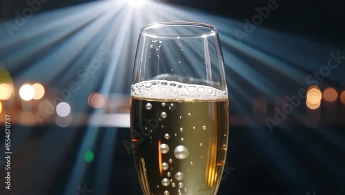 Slow Motion Display of Champagne Bubbles Rising in a Glass With Celebration Sparkles Against a Dark Backdrop