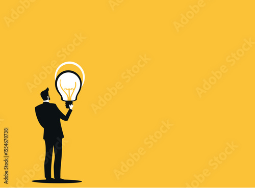 Businessman silhouette holding glowing light bulb symbolizing innovative idea and creative thinking on yellow background in minimalist vector style for concept of inspiration and solution