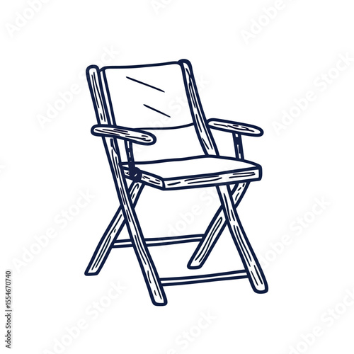 Hand-drawn director's chair sketch isolated on white background, wooden folding chair with armrests and fabric backrest, simple line art illustration for film and theater seating concept