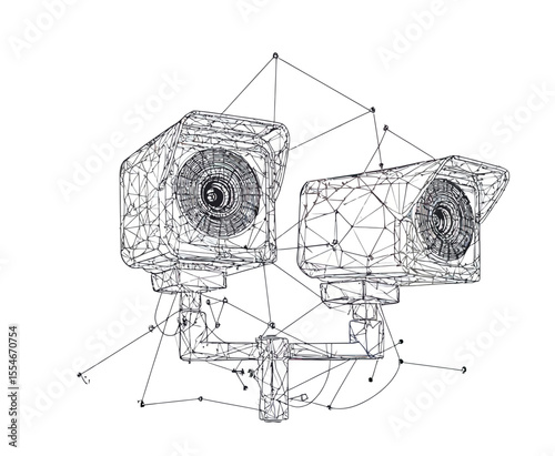 Abstract polygonal wireframe vector illustration of dual security surveillance cameras with connected dots and lines on white background digital technology concept