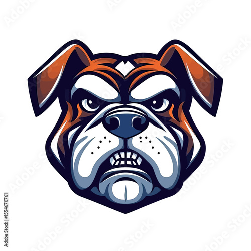 Angry bulldog head mascot logo design with fierce expression, aggressive dog face illustration in bold flat vector style for sports team branding and emblem use